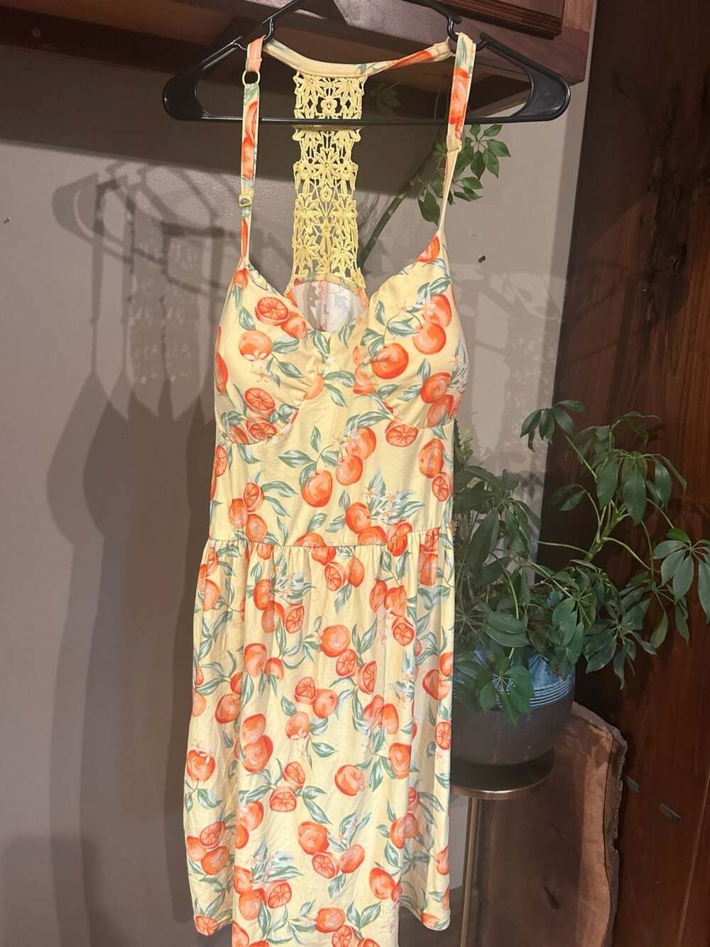 No Boundaries Halter Dress Size S Yellow Citrus Print Crochet Lace